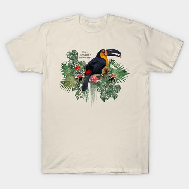 Polygonal art of Ariel toucan bird with Amazon leafs. T-Shirt by Lewzy Design